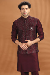 Dark Wine Purple Silk Kurta Pajama with Embroidered Jacket